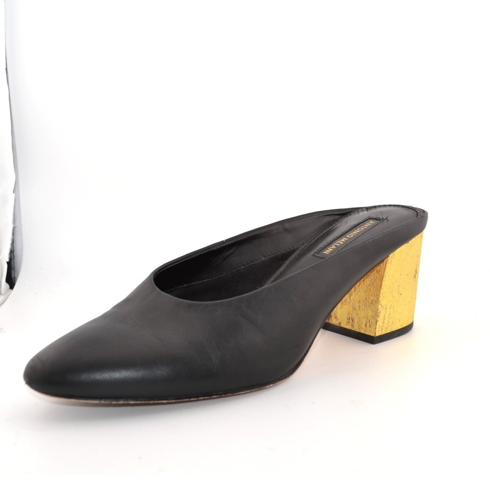 Antonio Melani Leather Mule Heels Office Evening Fall Black Gold Slip On 8.5 - Picture 2 of 9